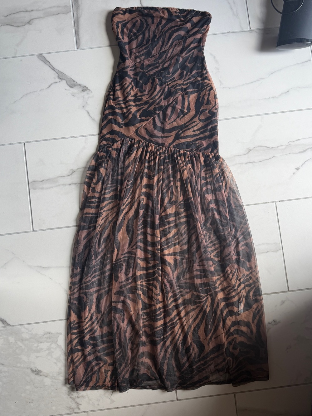 Strapless Brown & Black Animal Print Maxi Dress